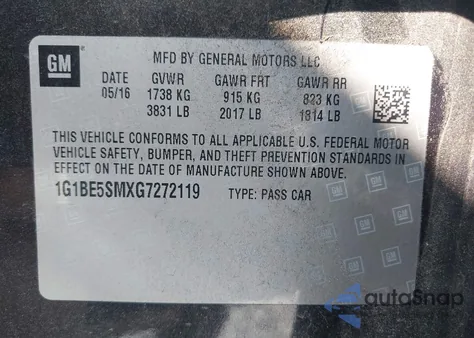 2016 Chevrolet Cruze Lt Auto из США, поврежденный, VIN 1G1BE5SMXG7272119